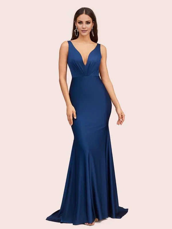 Weitese Dress Sexy Deep V-neck Long Mermaid Bridesmaid Dresses Sleeveless Pleats Prom Dress